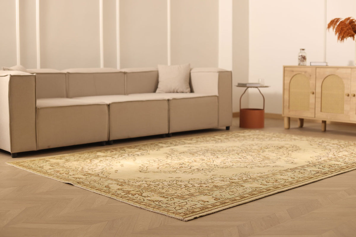 Vintage Isparta Turkish Area Rug 7x10 ft — Beige & Brown Floral