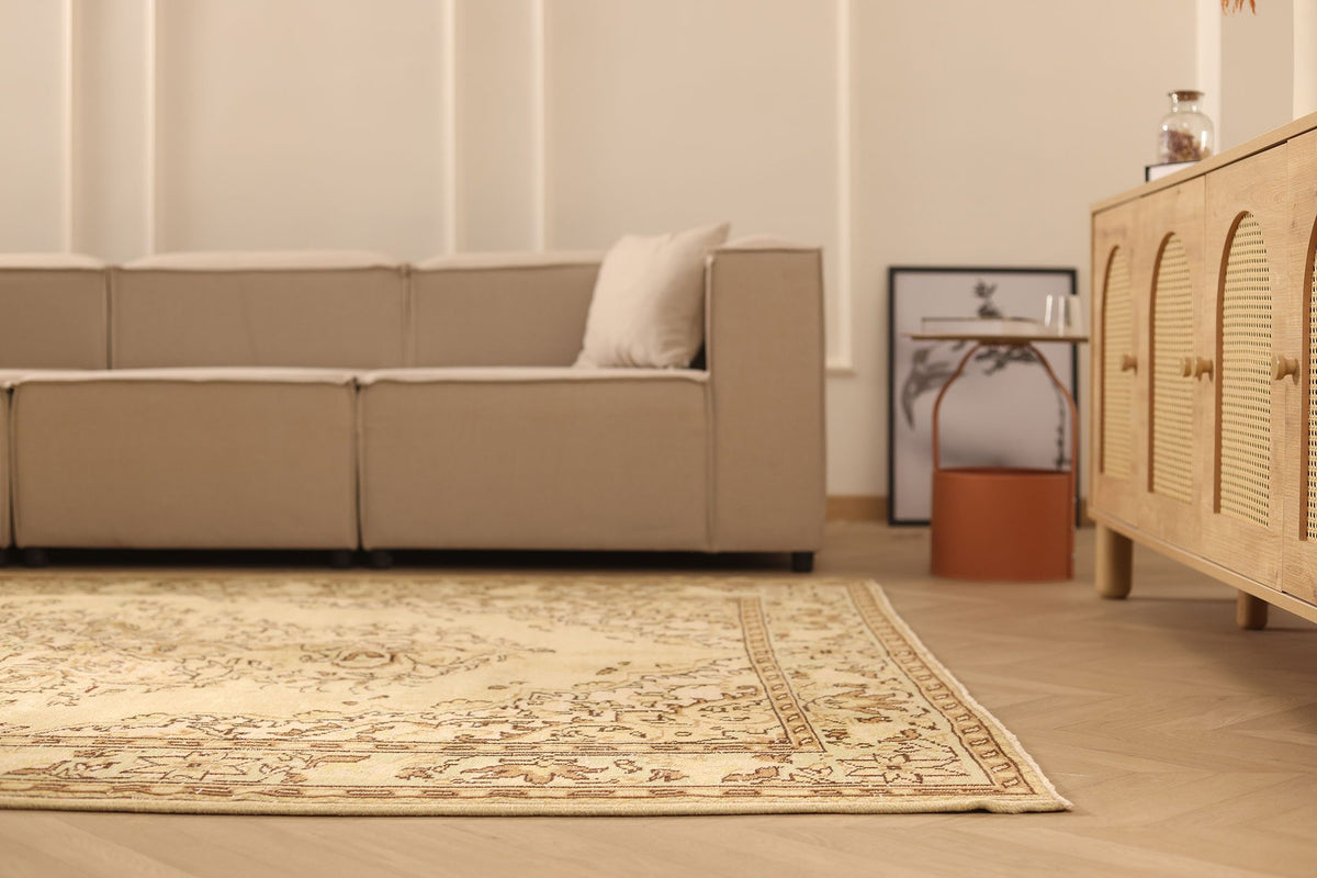 Vintage Isparta Turkish Area Rug 7x10 ft — Beige & Brown Floral
