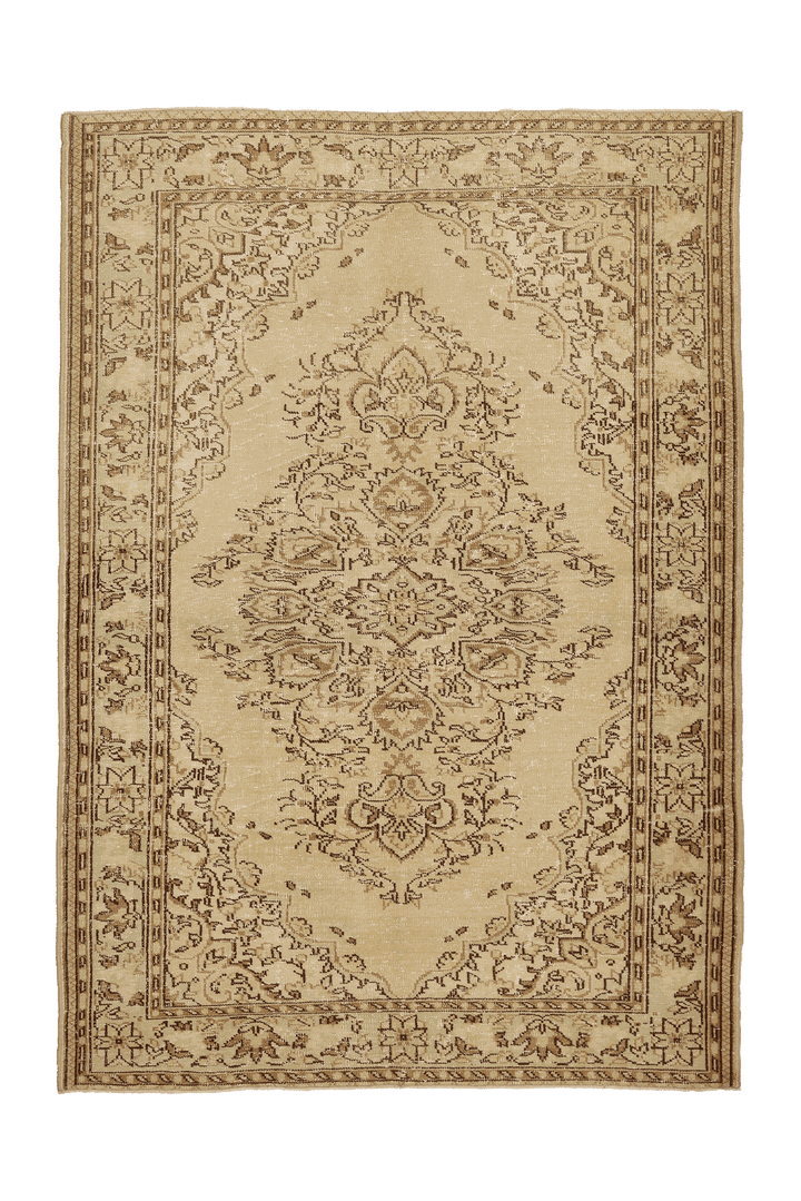Vintage Isparta Turkish Area Rug 7x10 ft — Beige & Brown Floral