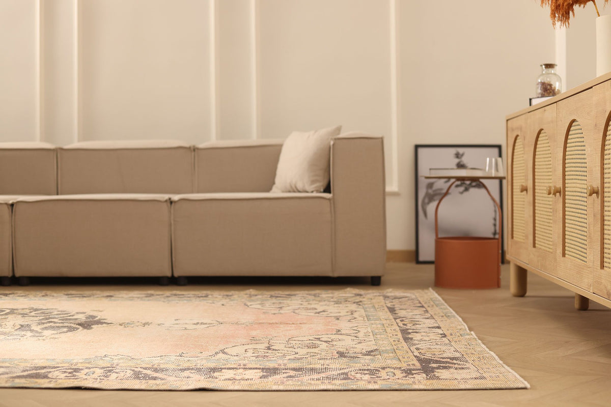 Vintage Isparta Turkish Area Rug 6x10 ft — Orange & Beige Floral