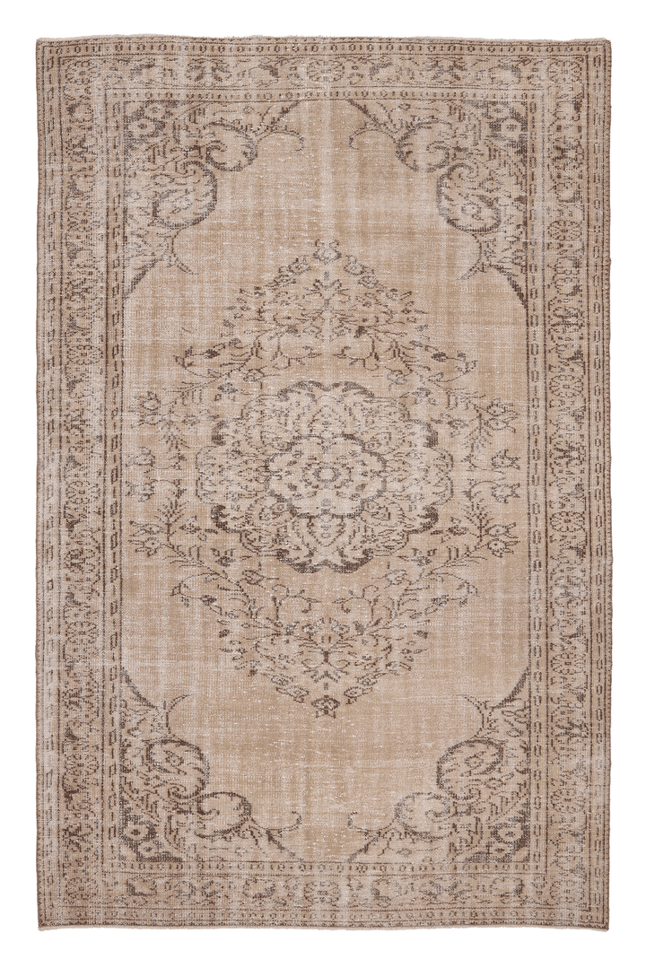 Vintage Manisa Turkish Area Rug 5x9 ft — Beige & Brown Floral (No. 61561)