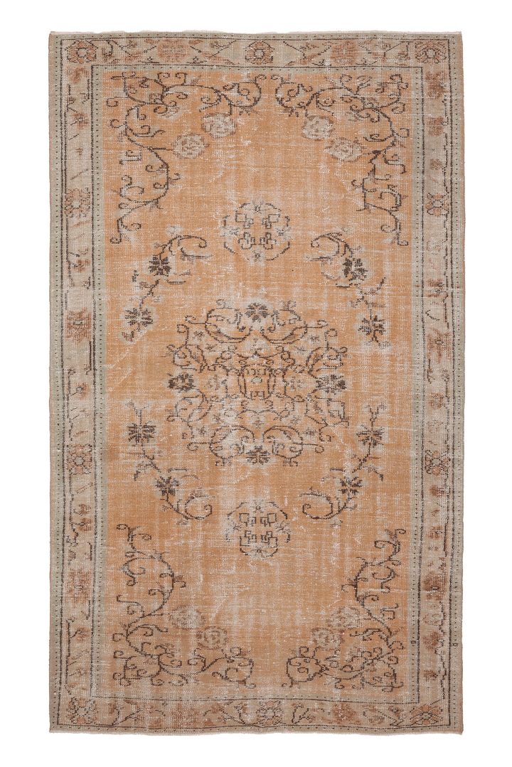 Vintage Manisa Turkish Area Rug 5x9 ft — Orange & Beige Floral