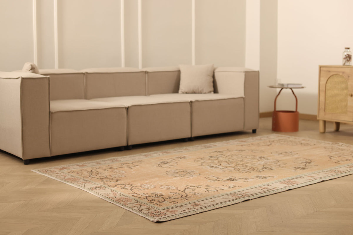 Vintage Manisa Turkish Area Rug 5x9 ft — Orange & Beige Floral