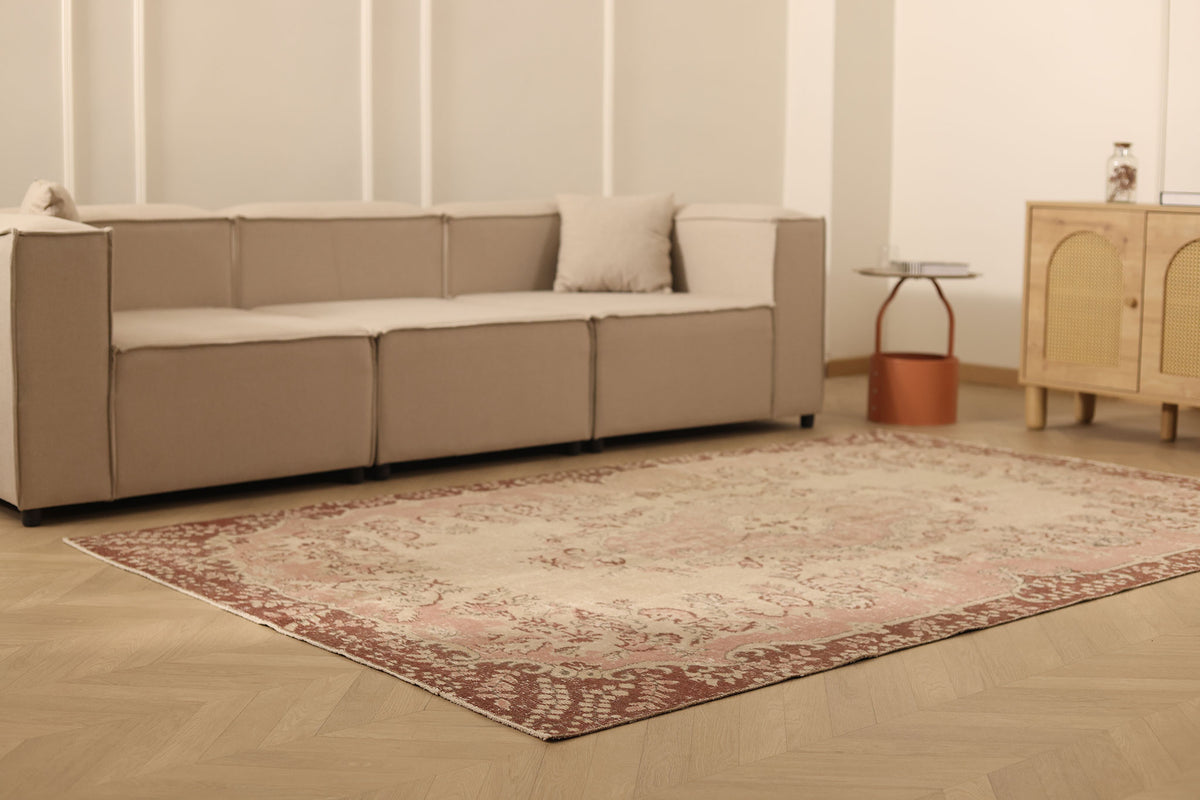 Vintage Isparta Turkish Area Rug 5x9 ft — Pink & Brown Floral (No. 61563)