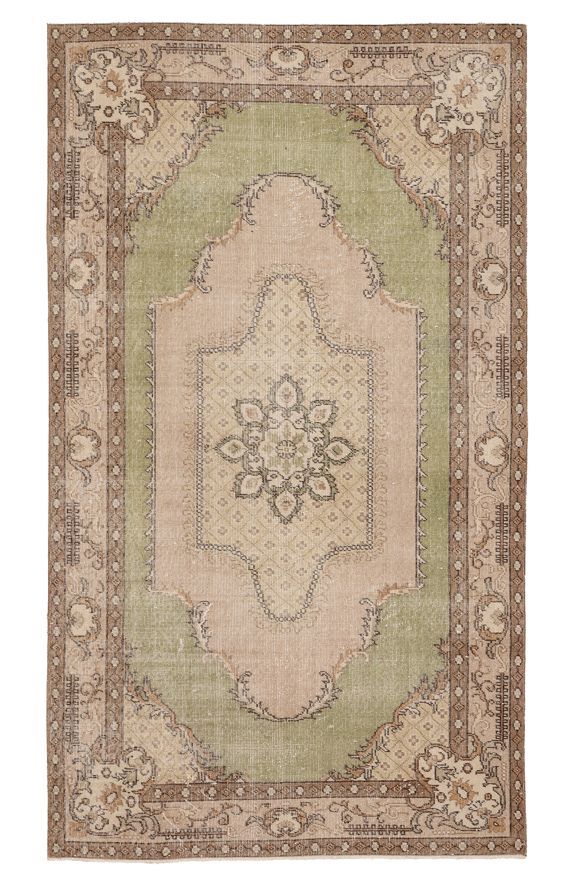 Vintage Isparta Turkish Area Rug 4x8 ft — Green & Beige Floral