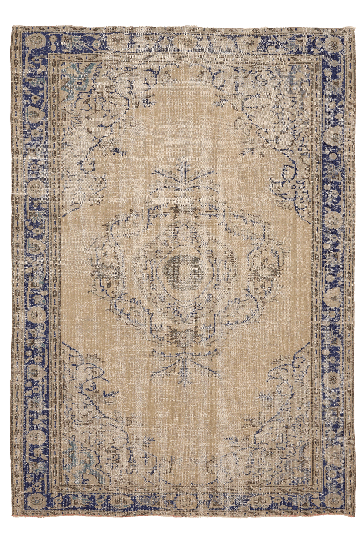 Vintage Manisa Turkish Area Rug 5x8 ft — Beige & Blue Floral (No. 61569)