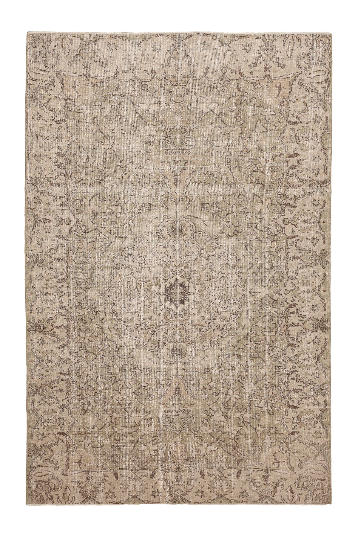 Vintage Isparta Turkish Area Rug 6x9 ft — Green & Beige Floral (No. 61575)