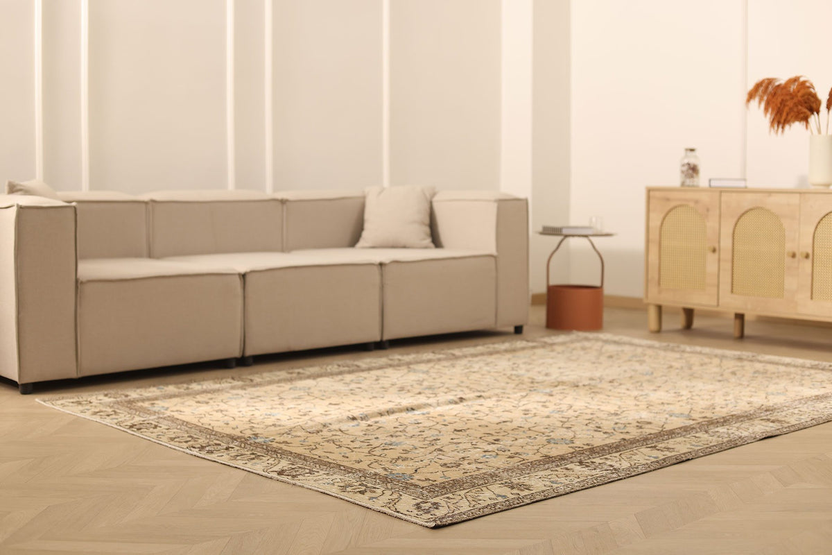Vintage Isparta Turkish Area Rug 7x10 ft — Beige & Brown Floral
