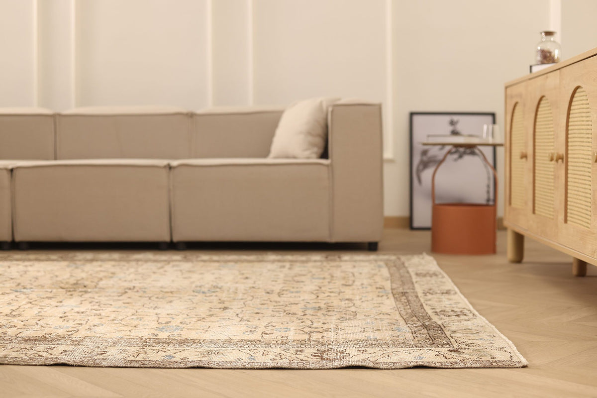 Vintage Isparta Turkish Area Rug 7x10 ft — Beige & Brown Floral