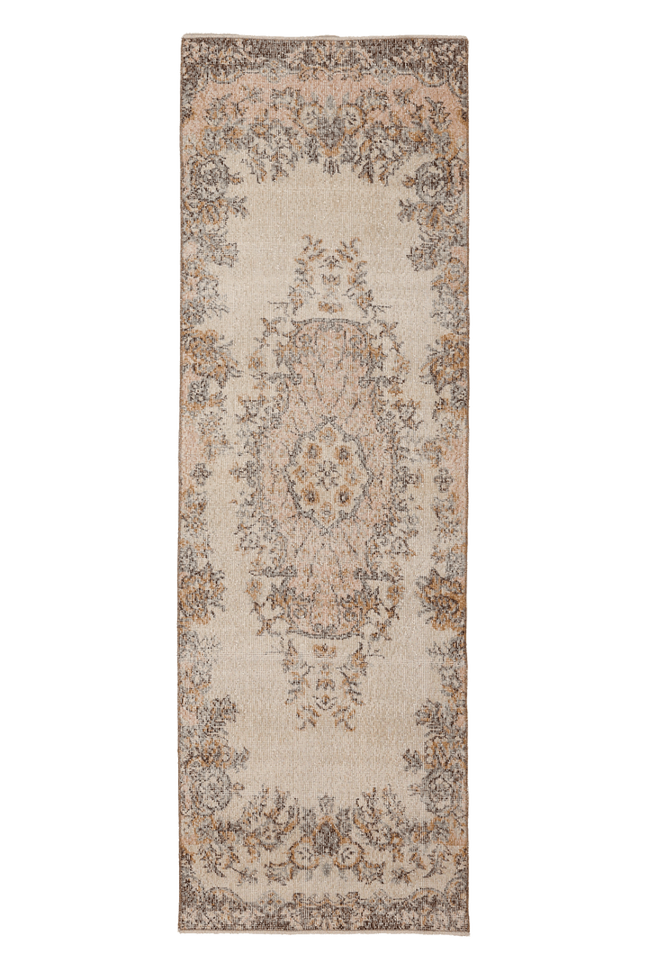 Vintage Isparta Turkish Runner Rug 2x8 ft — Beige & Brown Distressed