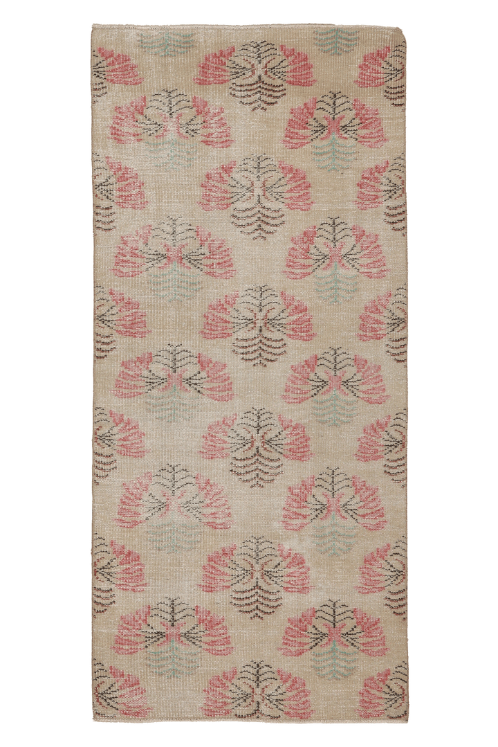 Vintage Manisa Turkish Runner Rug 3x6 ft — Beige & Pink Floral