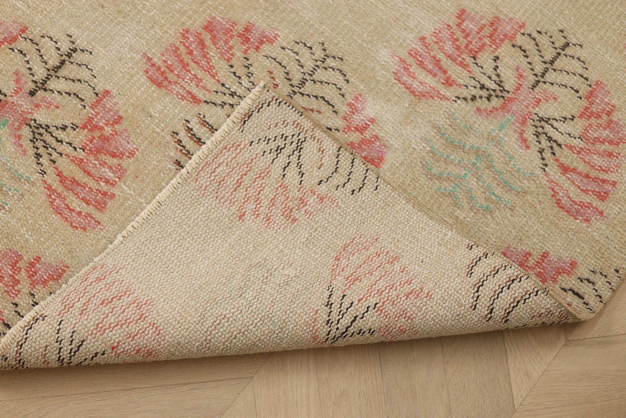 Vintage Manisa Turkish Runner Rug 3x6 ft — Beige & Pink Floral