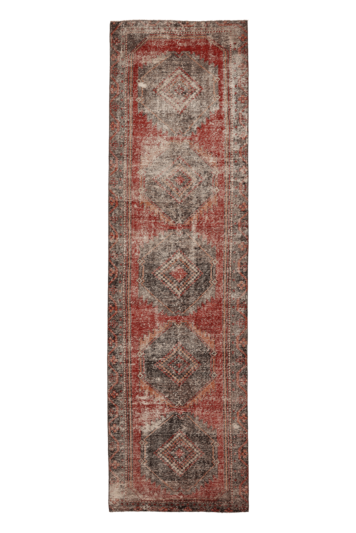 Vintage Malatya Turkish Runner Rug 3x12 ft — Red & Gray Geometric