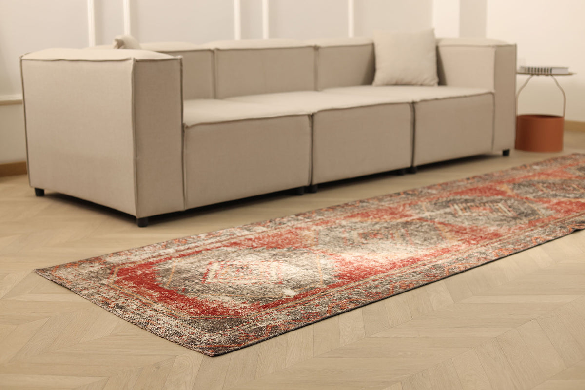 Vintage Malatya Turkish Runner Rug 3x12 ft — Red & Gray Geometric