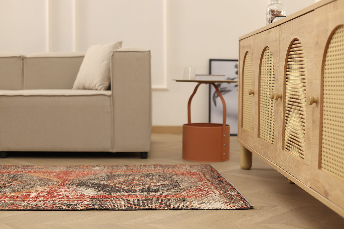 Vintage Malatya Turkish Runner Rug 3x12 ft — Red & Gray Geometric