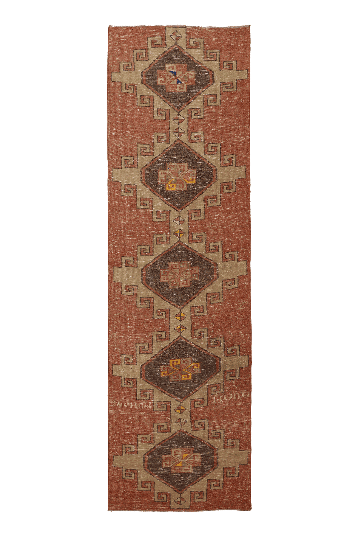 Vintage Malatya Turkish Runner Rug 3x10 ft — Orange & Brown Geometric