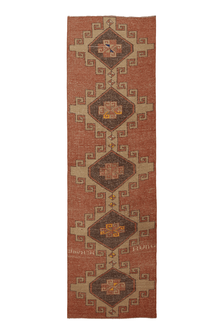 Vintage Malatya Turkish Runner Rug 3x10 ft — Orange & Brown Geometric