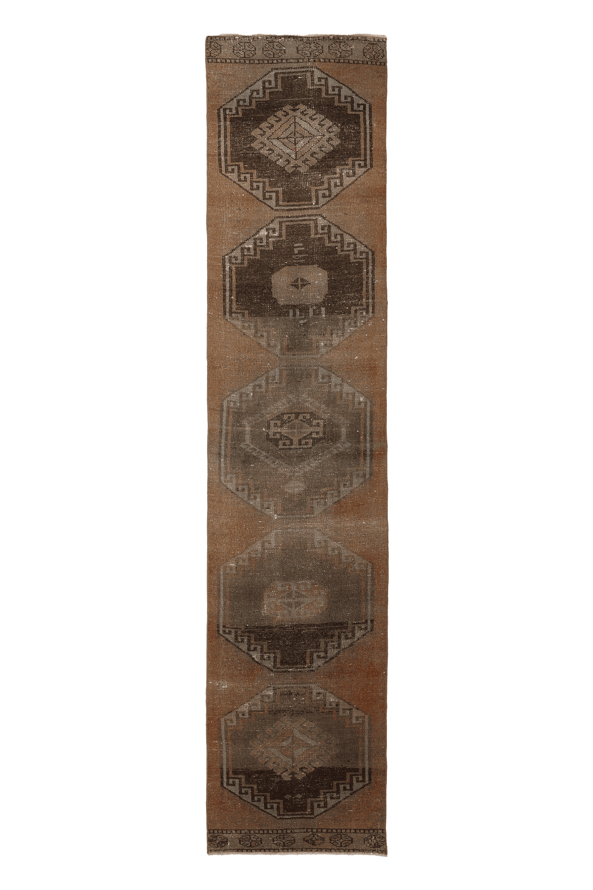 Vintage Malatya Turkish Runner Rug 2x11 ft — Brown & Gray Geometric