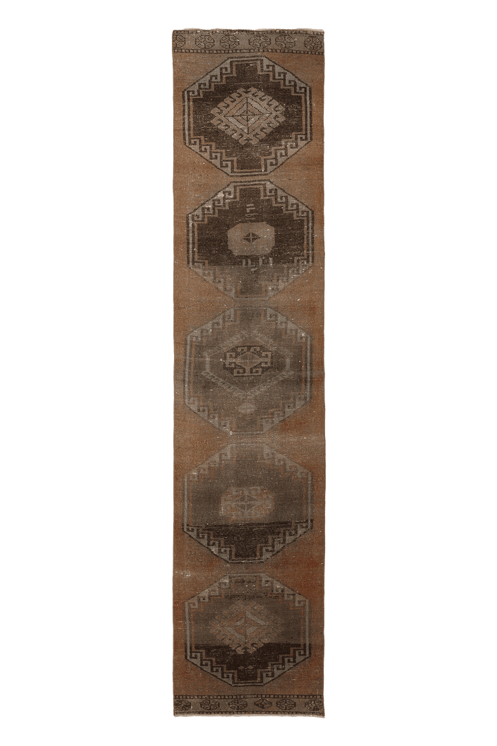 Vintage Malatya Turkish Runner Rug 2x11 ft — Brown & Gray Geometric