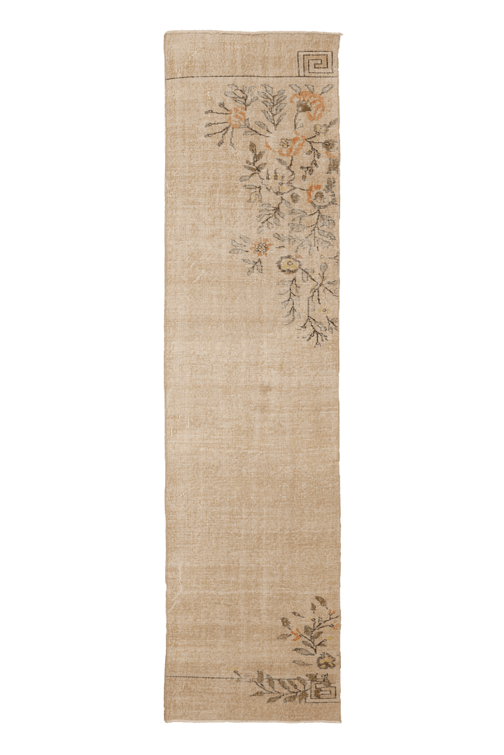 Vintage Isparta Turkish Runner Rug 2x10 ft — Beige & Brown Floral
