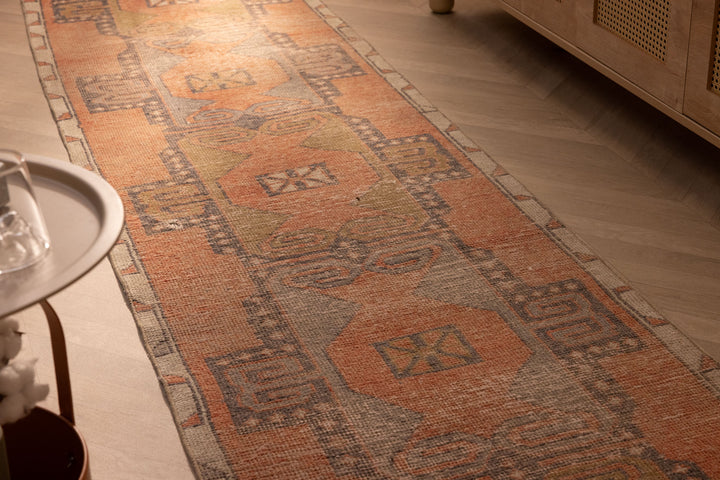 Vintage Malatya Turkish Runner Rug 2x11 ft — Brown & Orange Geometric