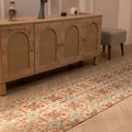 Vintage Isparta Turkish runner rug in beige and green floral wool, 2x8 ft, featuring bohemian maximalist patterns.