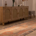 Vintage 3x11 ft Turkish runner rug in burnt orange and gray with geometric patterns, handwoven from wool and cotton.