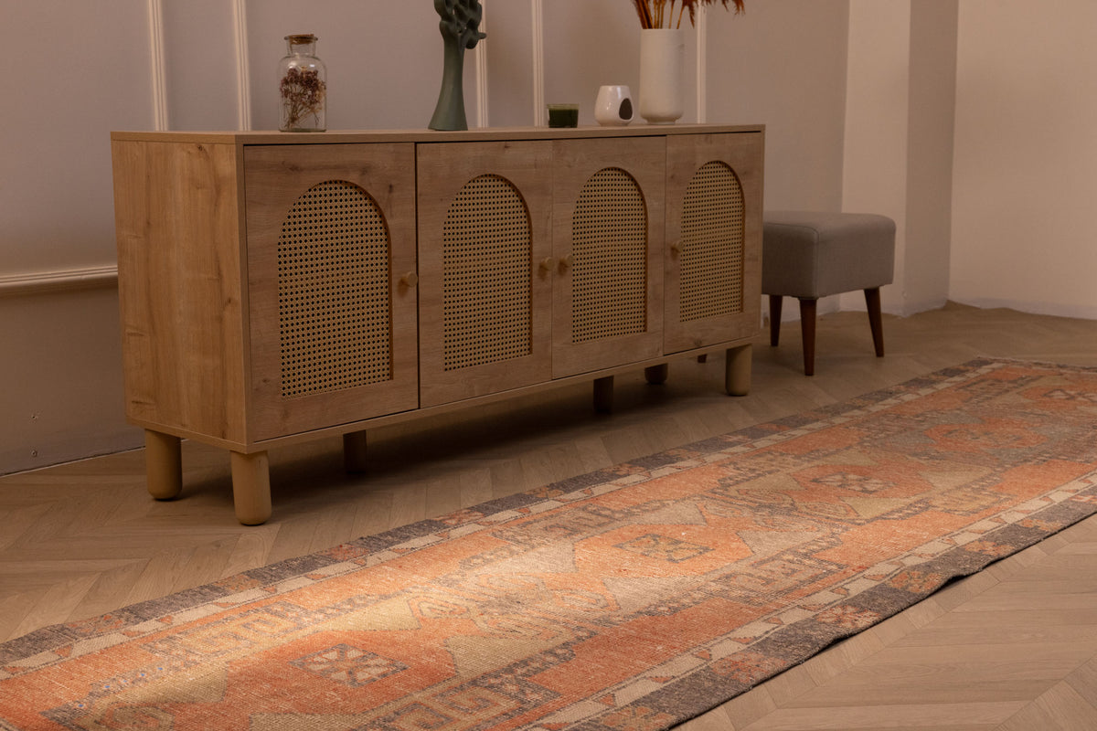 Vintage 3x11 ft Turkish runner rug in burnt orange and gray with geometric patterns, handwoven from wool and cotton.