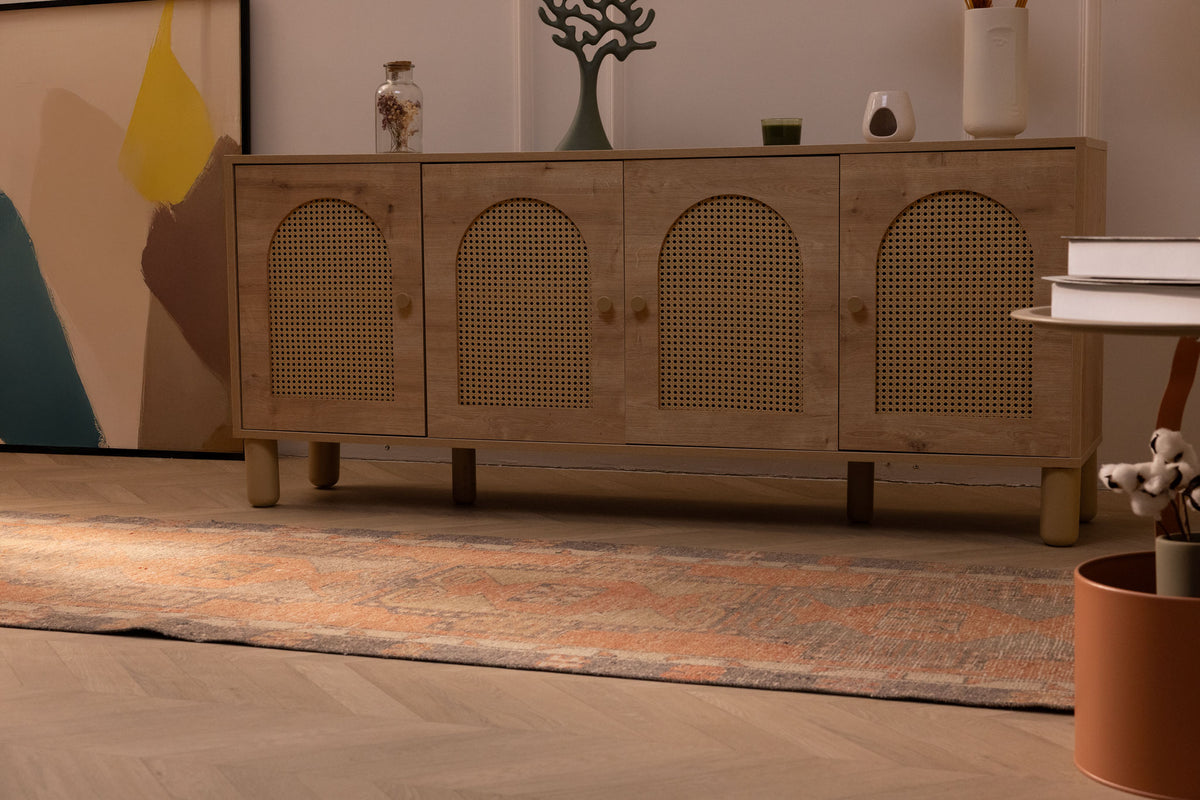 Vintage 3x11 ft Turkish runner rug in orange and gray with geometric patterns, handwoven from wool and cotton.