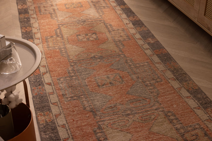 Vintage Malatya Turkish Runner Rug 3x11 ft — Orange & Gray Geometric