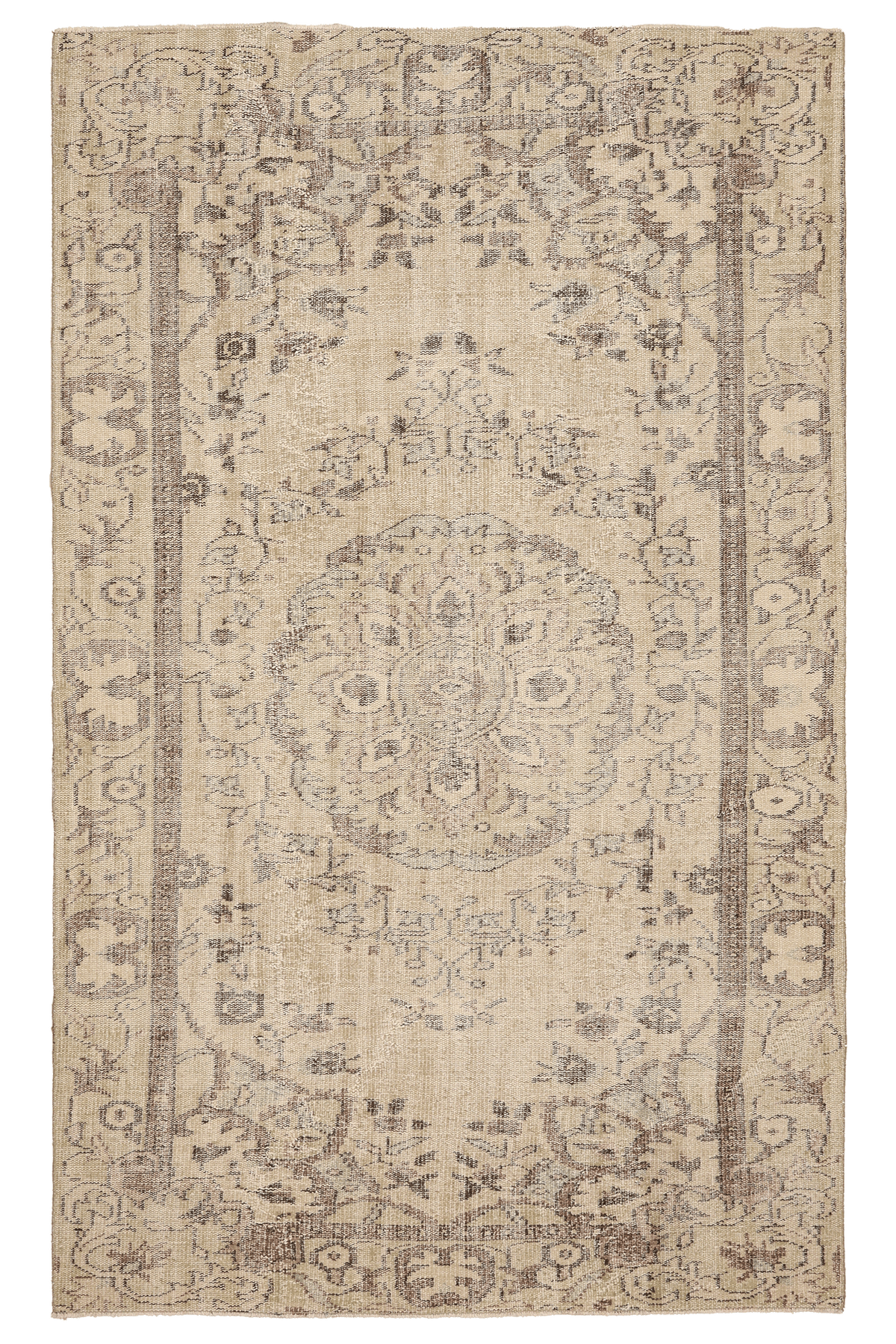 Vintage Manisa Turkish Area Rug 5x8 ft — Beige & Brown Floral (No. 61742)