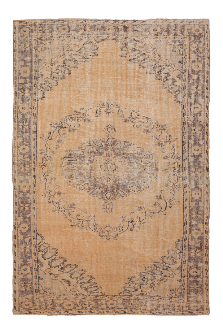 Vintage Manisa Turkish Area Rug 6x9 ft — Beige & Orange Floral