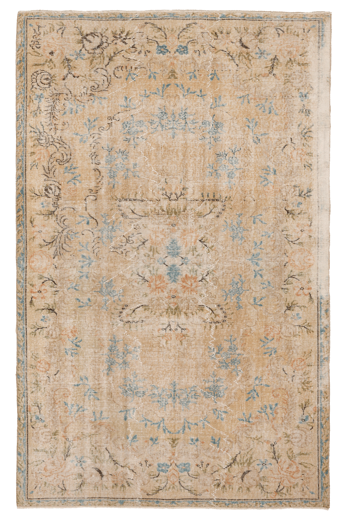 Vintage Isparta Turkish Area Rug 5x8 ft — Beige & Blue Floral (No. 61748)