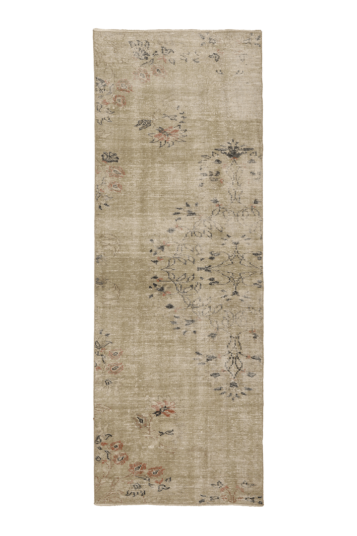 Vintage Manisa Turkish Runner Rug 3x8 ft — Green & Beige Floral