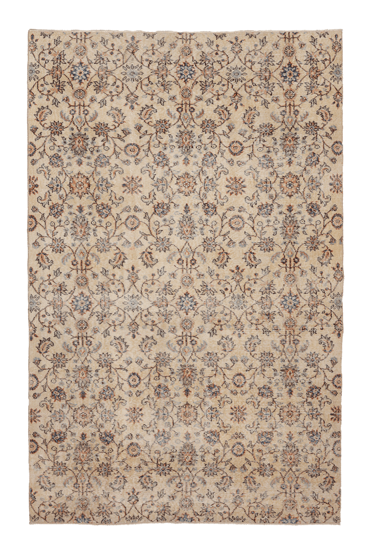 Vintage Isparta Turkish Area Rug 5x8 ft — Beige & Blue Floral (No. 61789)