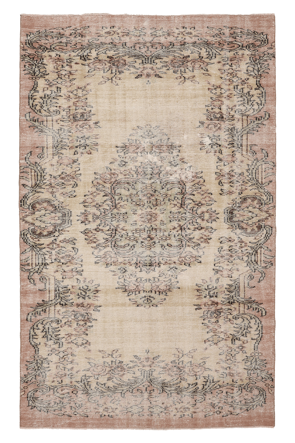 Vintage Manisa Turkish Area Rug 5x8 ft — Beige & Pink Floral