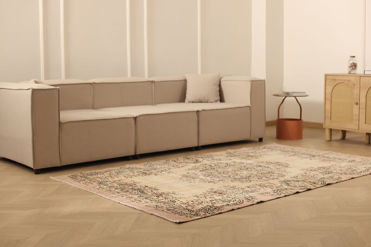 Vintage Manisa Turkish Area Rug 5x8 ft — Beige & Pink Floral