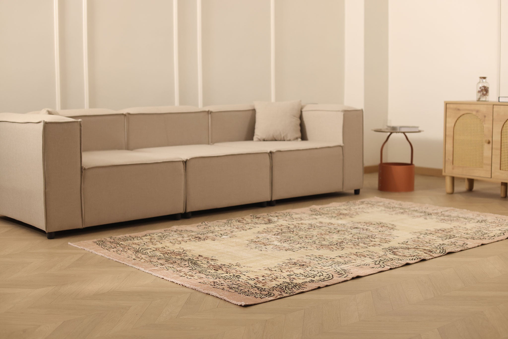 Vintage Manisa Turkish Area Rug 5x8 ft — Beige & Pink Floral