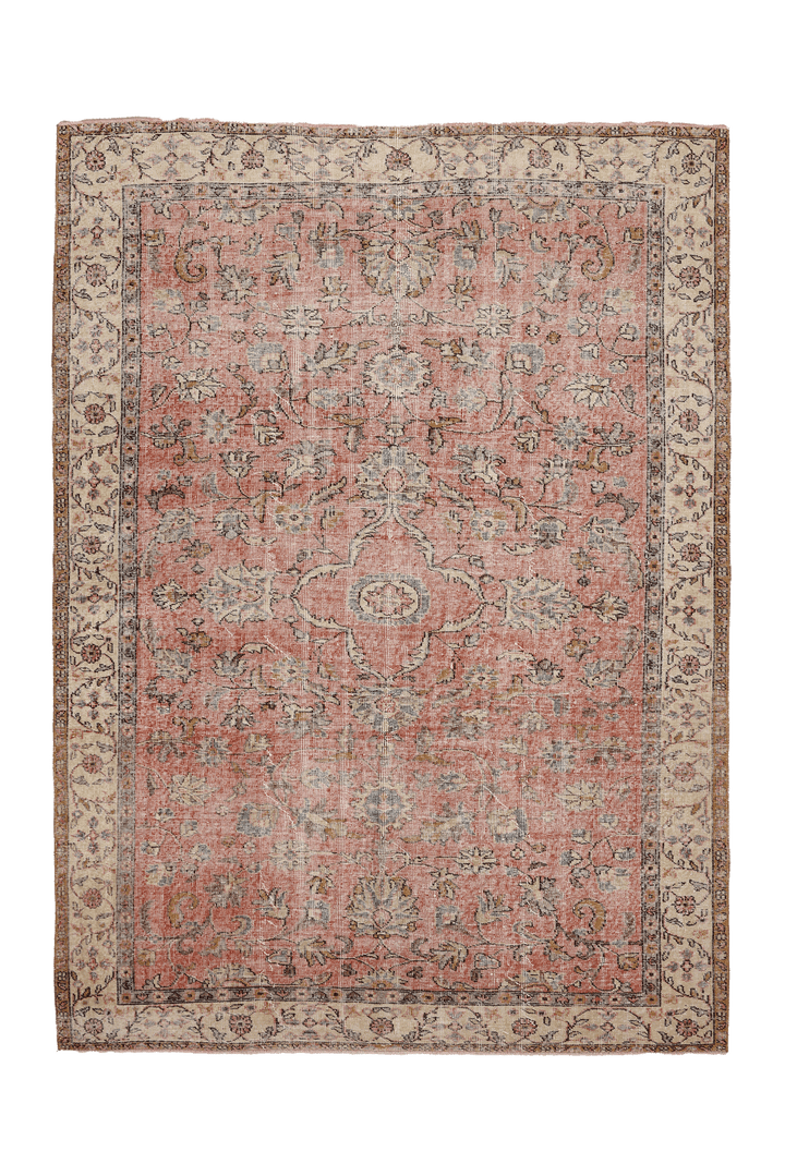 Vintage Isparta Turkish Area Rug 6x9 ft — Pink & Beige Floral