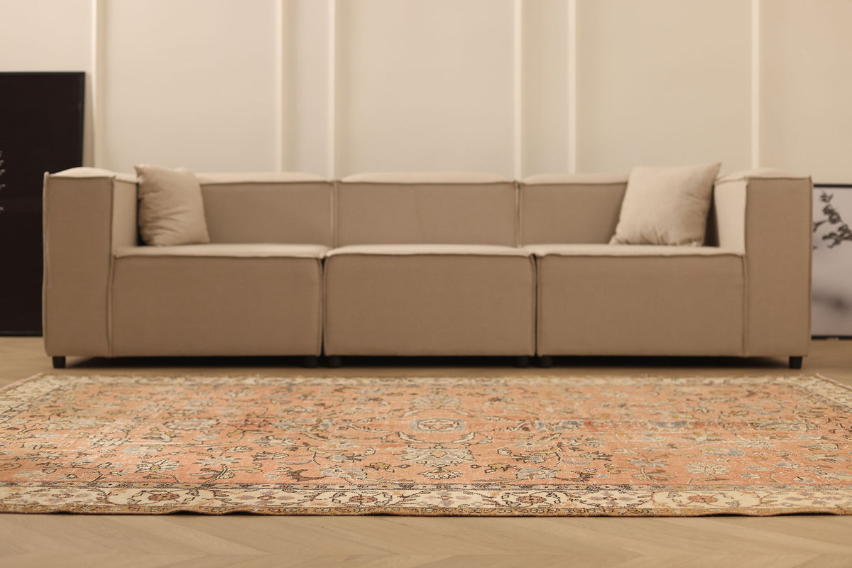 Vintage Isparta Turkish Area Rug 6x9 ft — Pink & Beige Floral