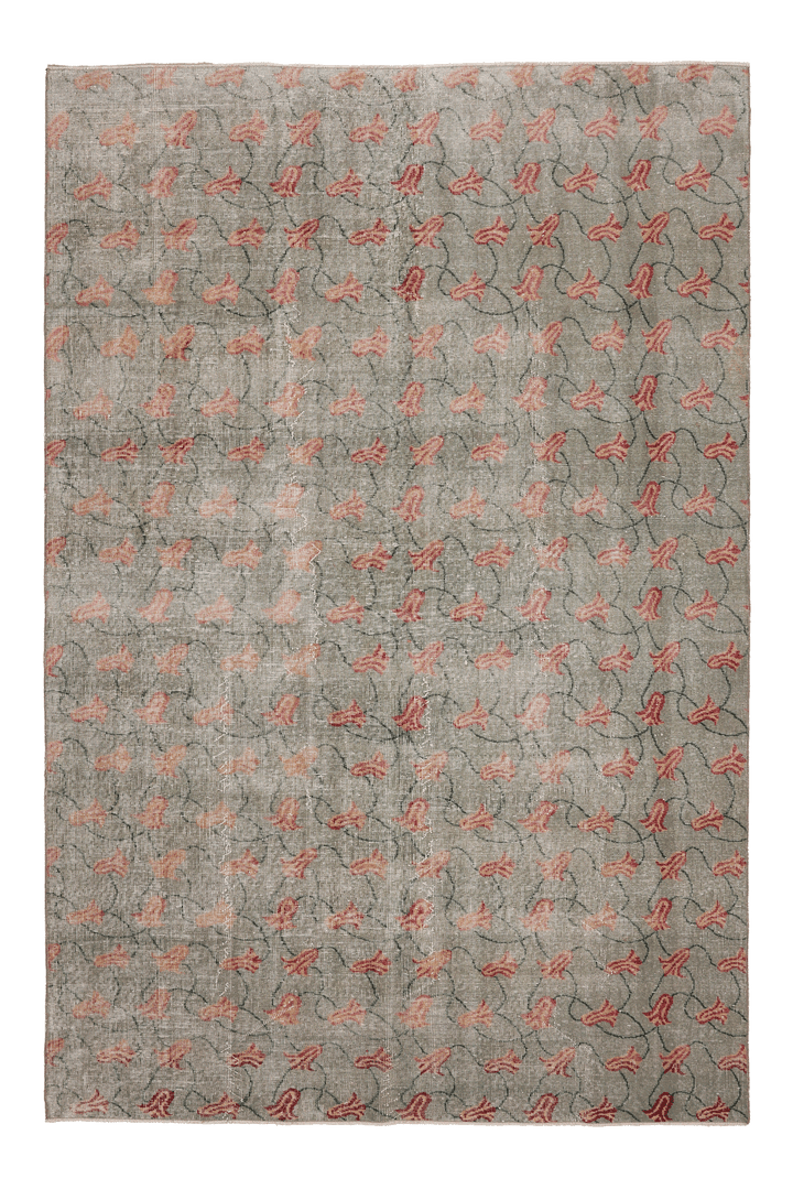 Vintage Isparta Turkish Area Rug 6x9 ft — Gray & Pink Floral