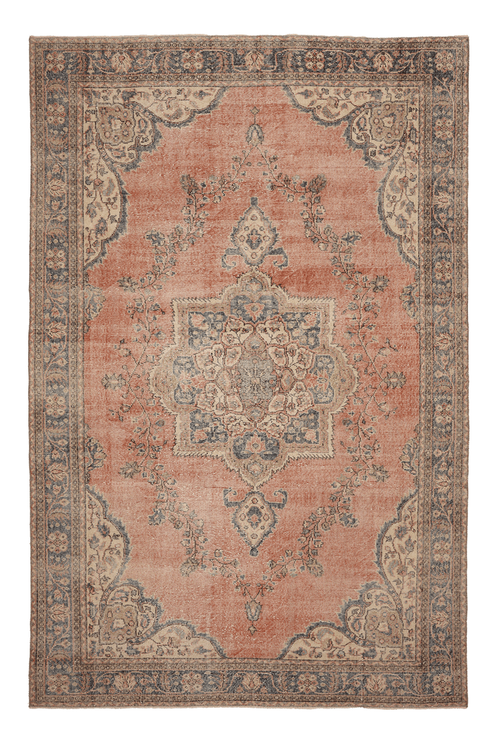 Vintage Isparta Turkish Area Rug 7x11 ft — Pink & Blue Floral