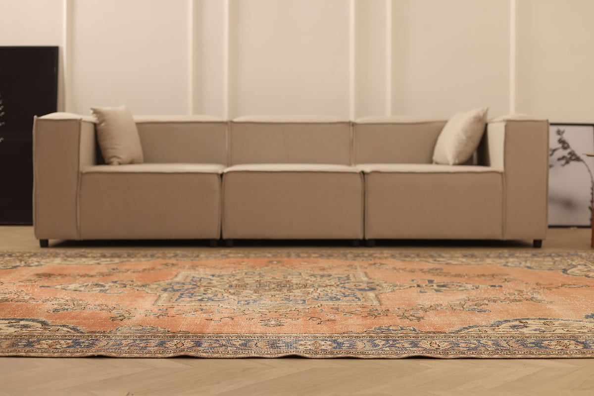 Vintage Isparta Turkish Area Rug 7x11 ft — Pink & Blue Floral