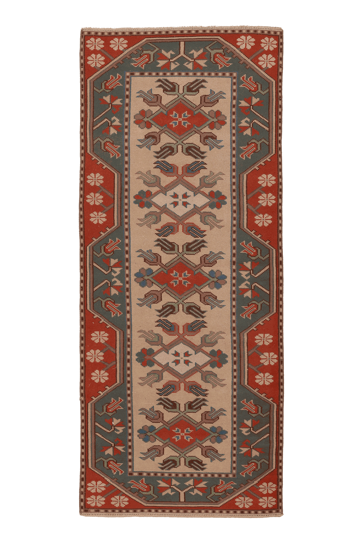 Vintage Muğla Turkish Runner Rug 3x6 ft — Beige & Green Geometric