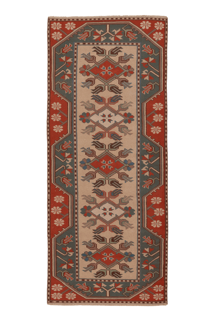 Vintage Muğla Turkish Runner Rug 3x6 ft — Beige & Green Geometric