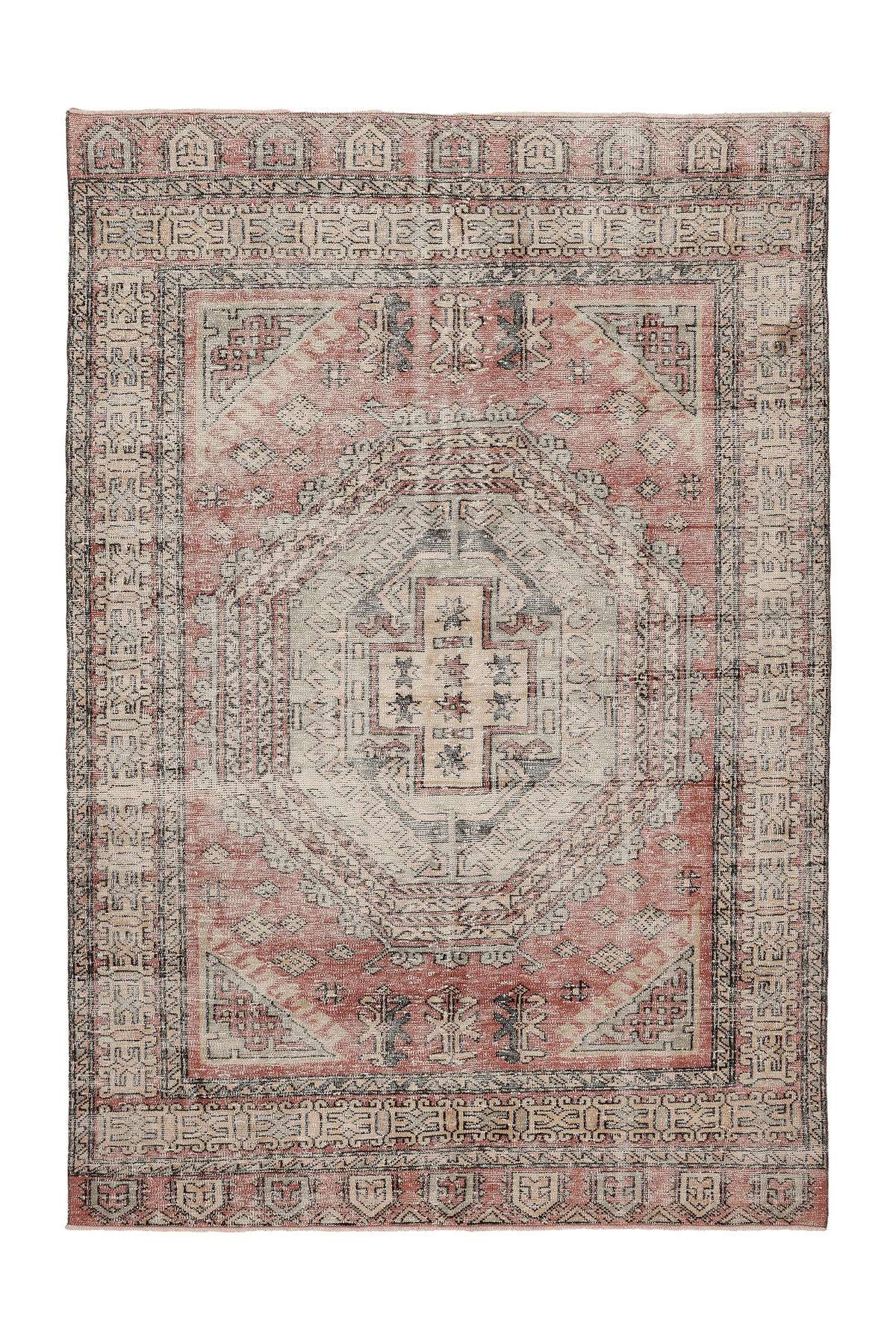 Vintage Isparta Turkish Area Rug 6x9 ft — Pink & Beige Geometric