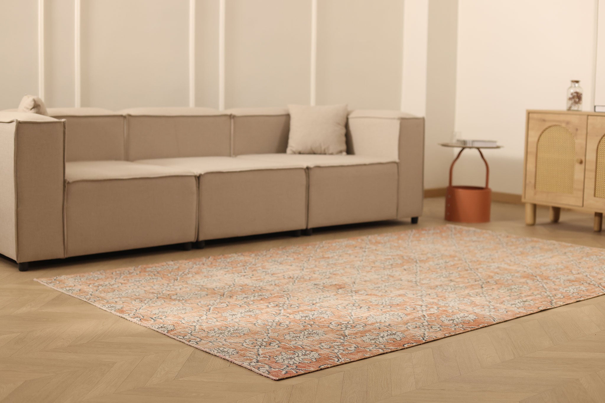 Vintage Isparta Turkish Area Rug 5x9 ft — Orange & Gray Floral