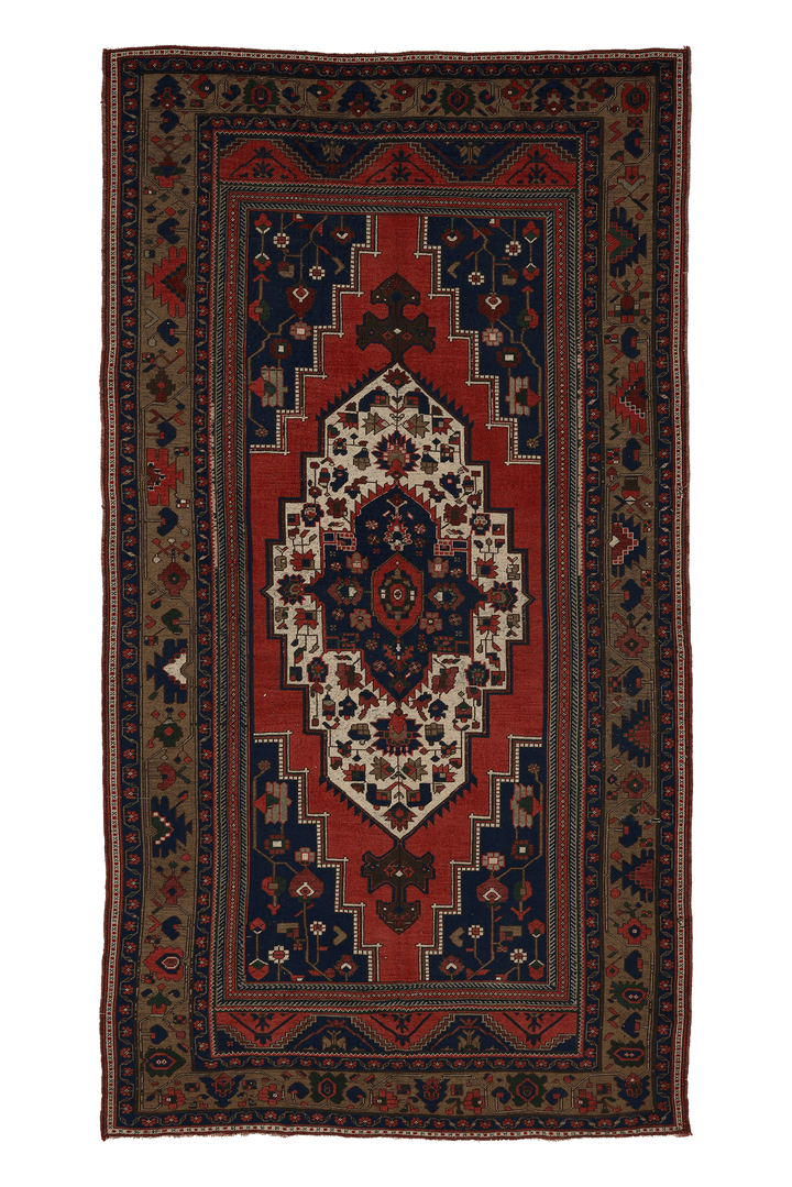 Vintage Aksaray Turkish Area Rug 5x11 ft — Red & Blue Geometric