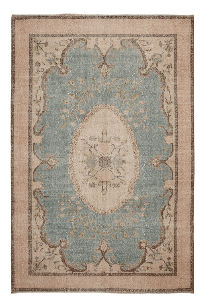 Vintage Isparta Turkish Area Rug 6x10 ft — Blue & Beige Floral