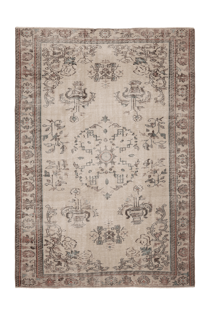 Vintage Isparta Turkish Area Rug 7x10 ft — Beige & Brown Floral